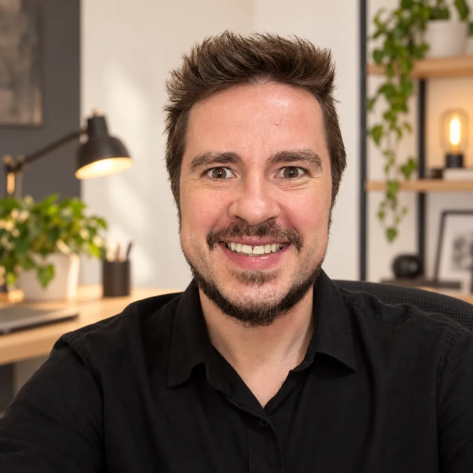 Eduardo Rico sorrindo e olhando diretamente para a câmera